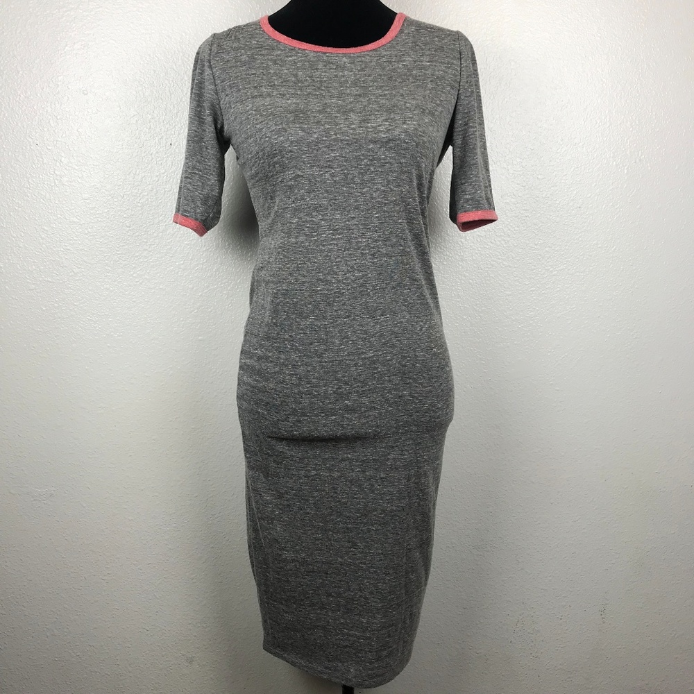 LuLaRoe Julia Dress Soft Cotton Heather Gray Pink Trim Size XS